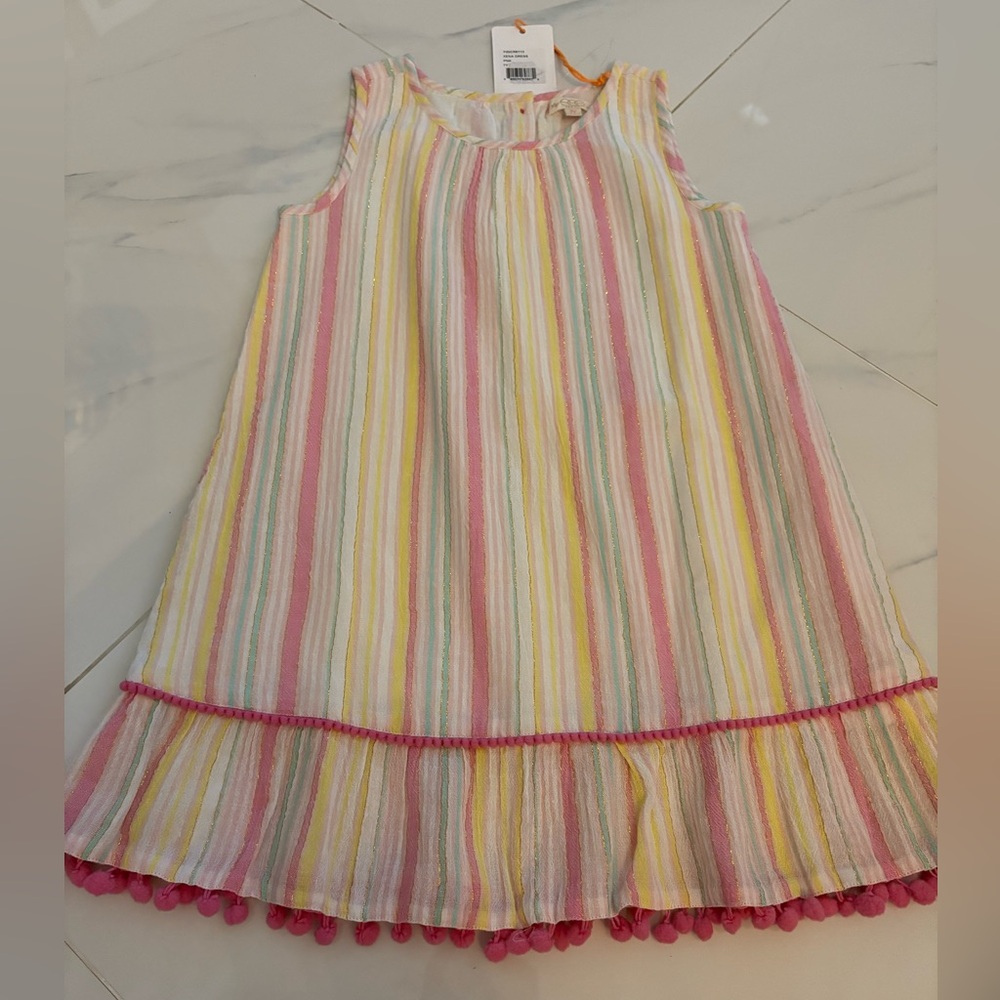 Egg New York Girls Size 7 Striped Sleeveless Dress with Pom Pom Trim, NWT